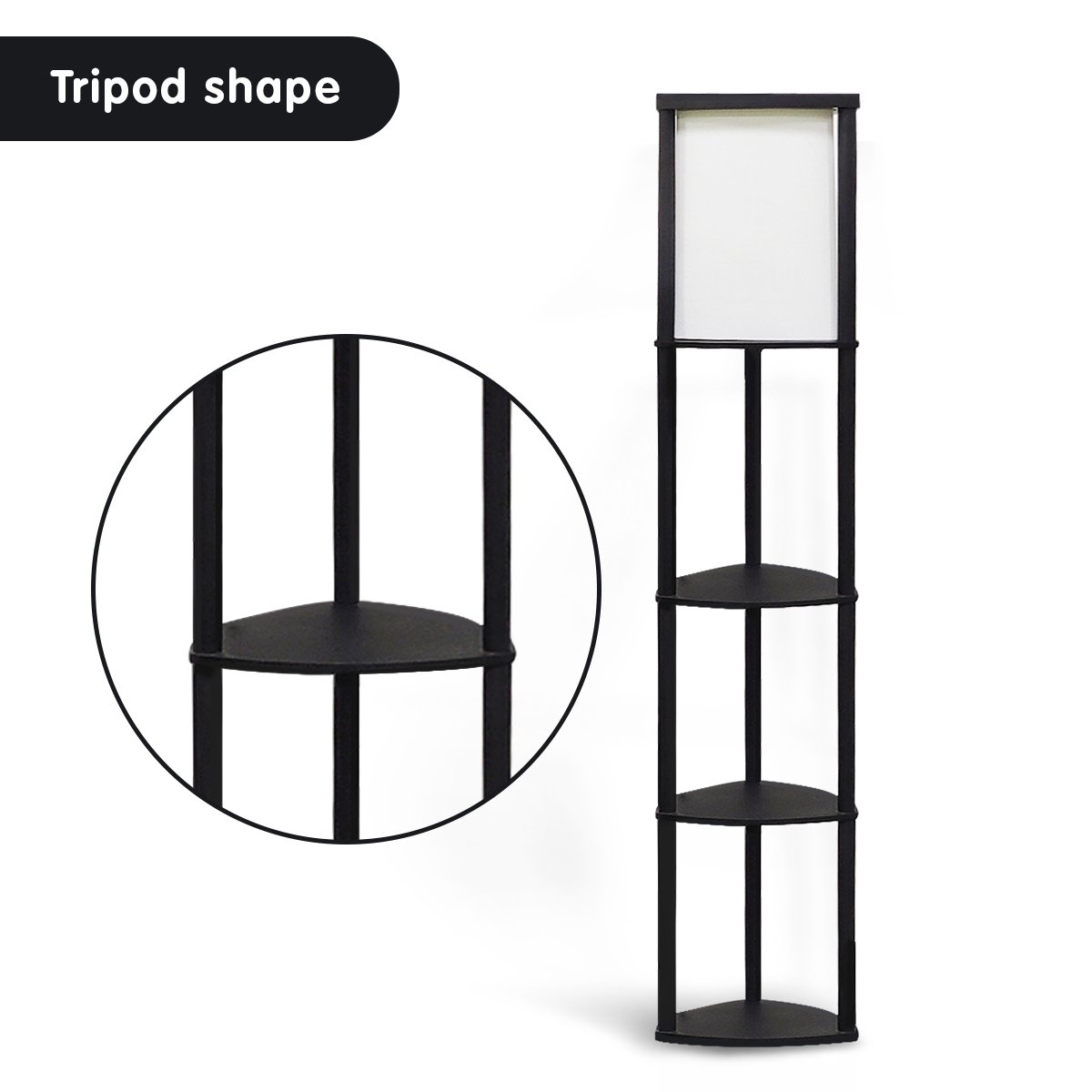 Wood Etagere Floor Lamp in Tripod Shape with 3 Wooden Shelves