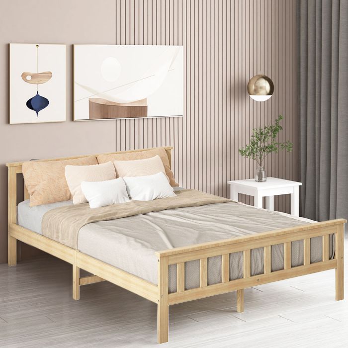 Wooden Mattress Base Solid Timber Pine Bed Frame Queen Size-Natural