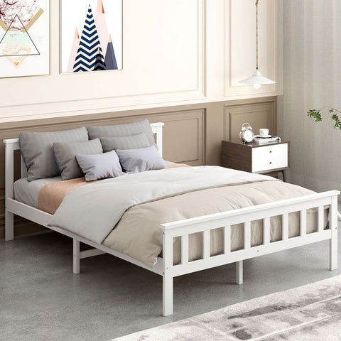 Wooden Mattress Base Solid Timber Pine Bed Frame Queen Size-White