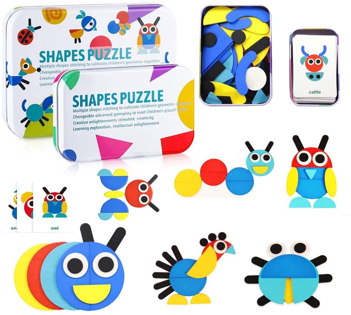 Wooden Pattern Blocks Animals Jigsaw Puzzle Kids Sorting & Stacking Games Educational