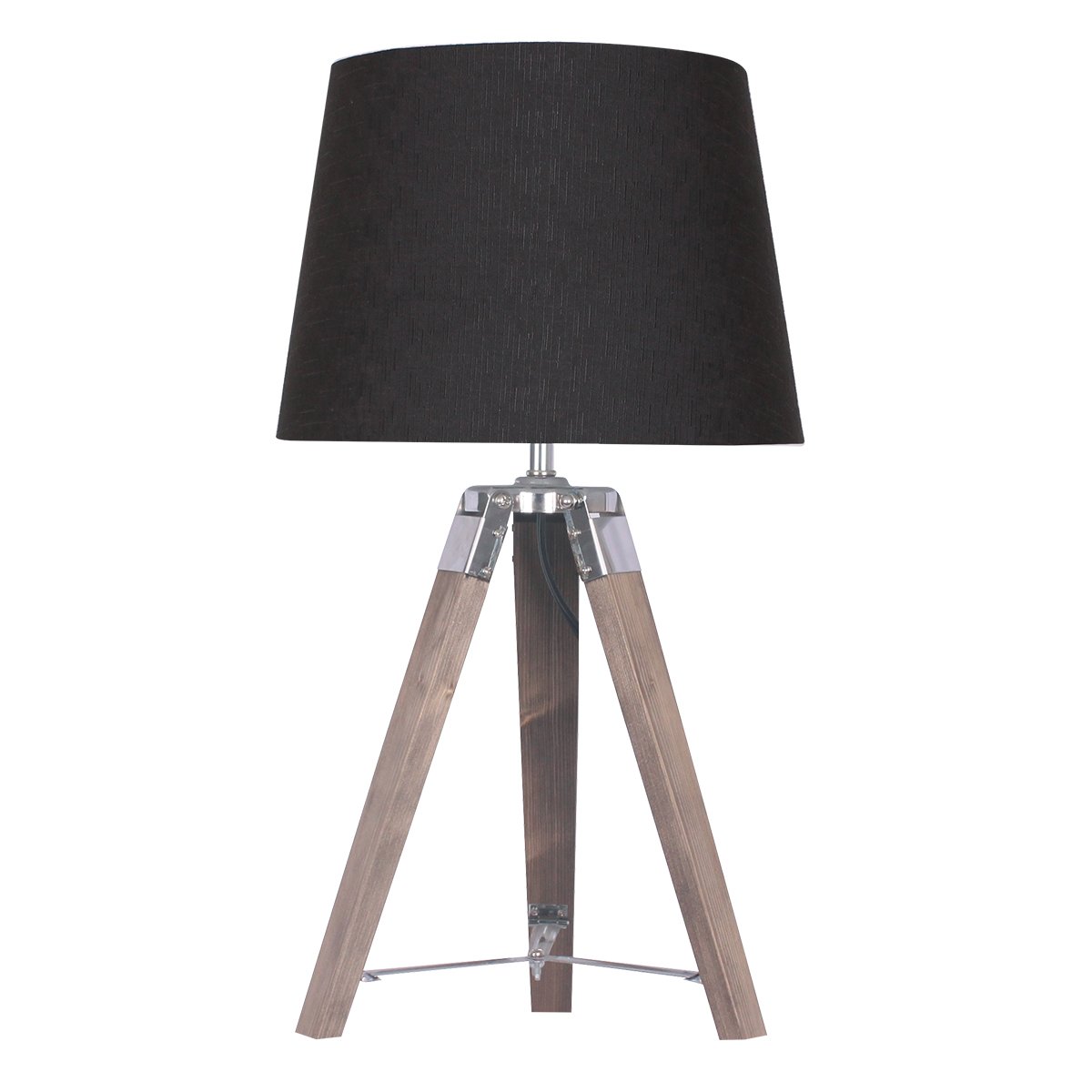 Wooden Tripod Table Lamp With Black Linen Taper Fabric Shade