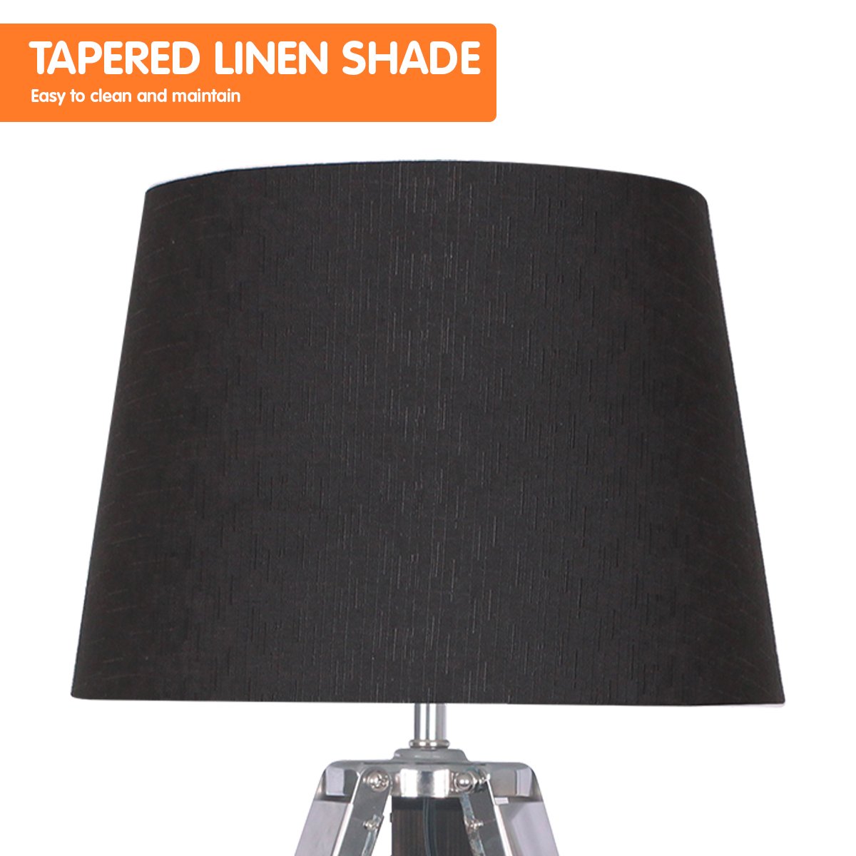 Wooden Tripod Table Lamp With Black Linen Taper Fabric Shade