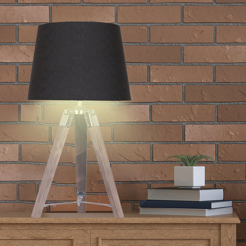 Wooden Tripod Table Lamp With Black Linen Taper Fabric Shade