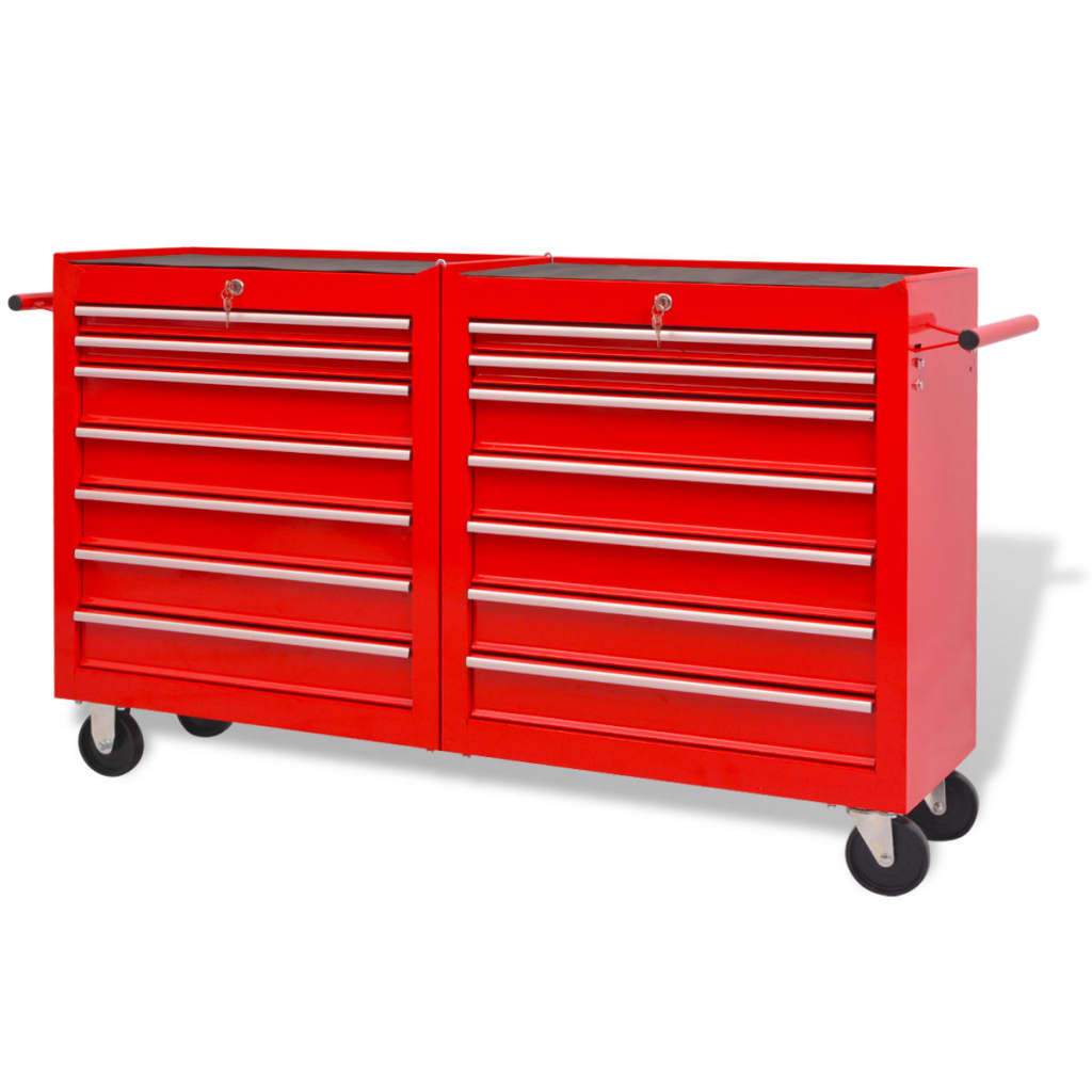 vidaxl75- Workshop Tool Trolley with 14 Drawers Size XXL Steel Red