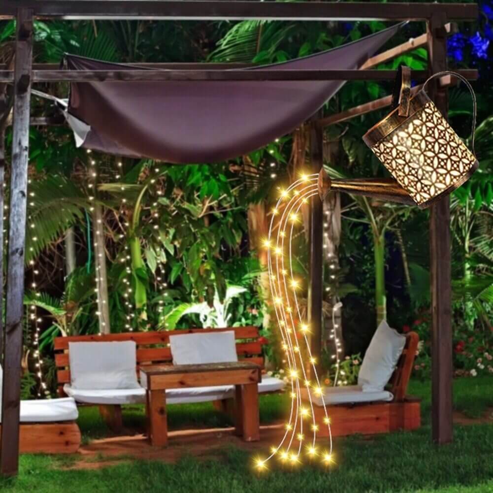 Wrought Iron Solar Powered Watering Can Sprinkles Fairy Light LED Outdoor Garden Waterproof
