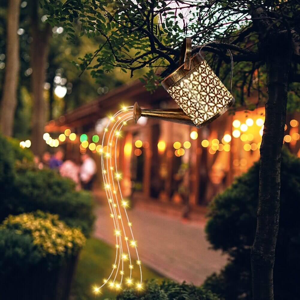 Wrought Iron Solar Powered Watering Can Sprinkles Fairy Light LED Outdoor Garden Waterproof