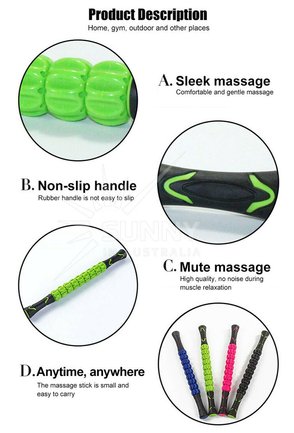 Yoga Massage Roller Stick Point Muscle Body Travel Massager Tool -Green